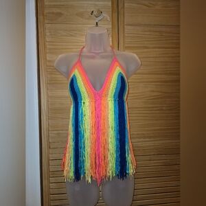 Rainbow Crochet Fringe Halter Top